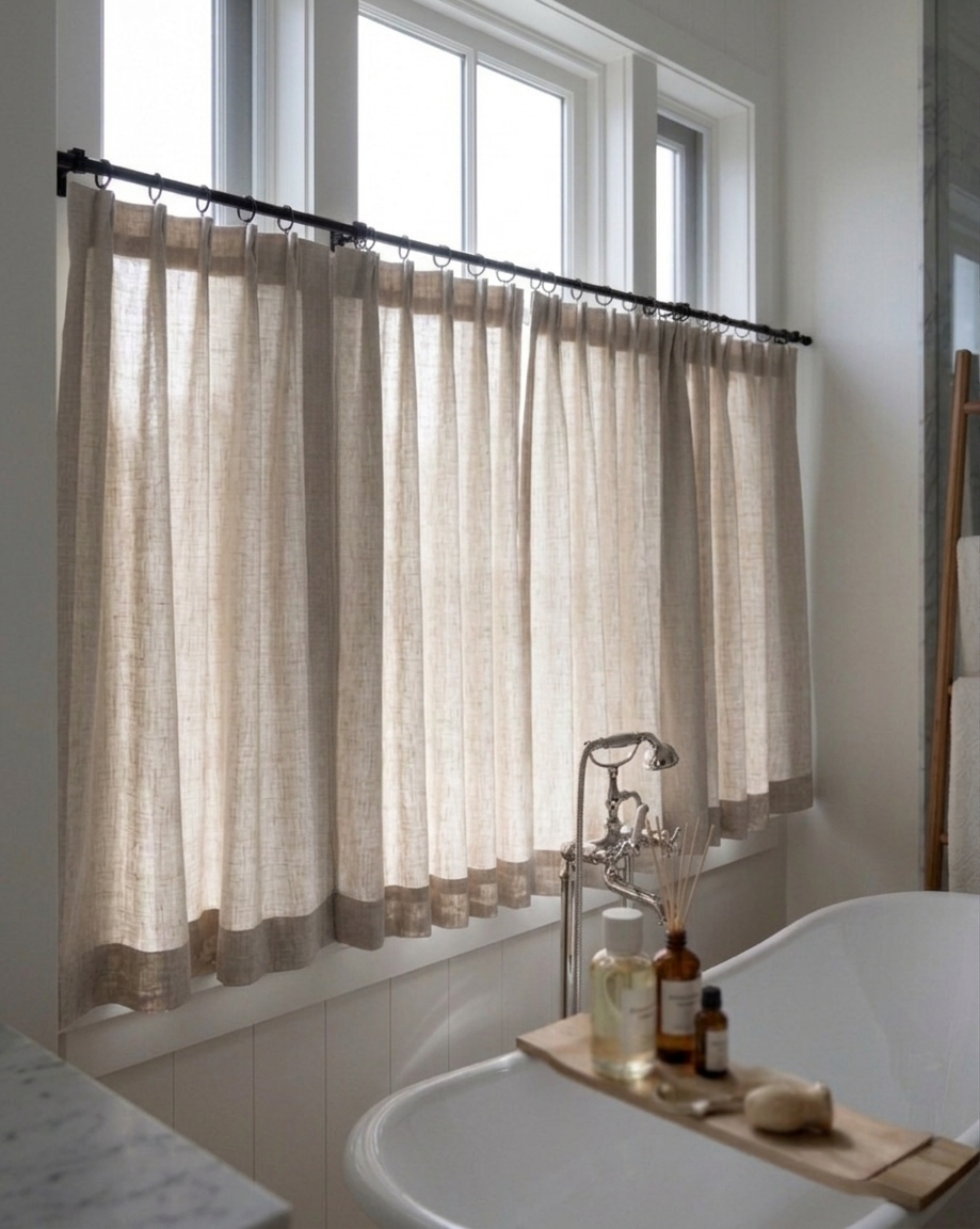 Custom cafe curtains in semi-sheer fabric, customizable size and color, perfect for kitchens and dining rooms.