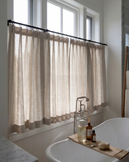 Custom cafe curtains in semi-sheer fabric, customizable size and color, perfect for kitchens and dining rooms.