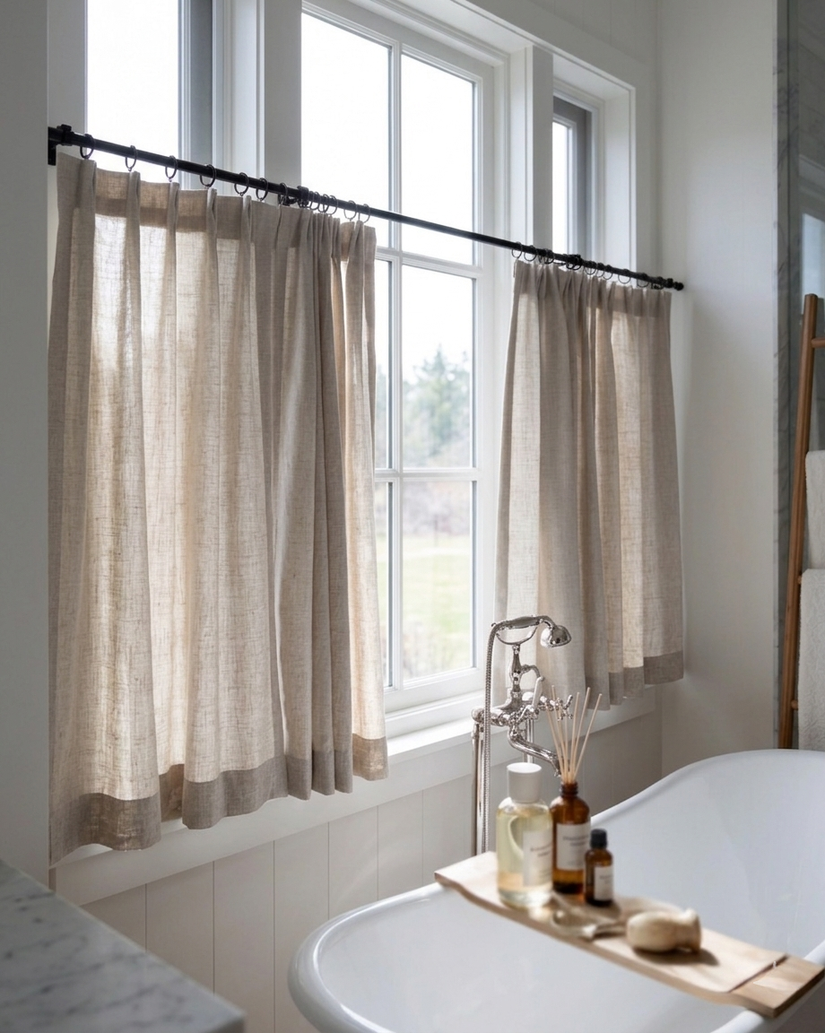 Custom cafe curtains in semi-sheer fabric, customizable size and material for kitchen or dining room decor