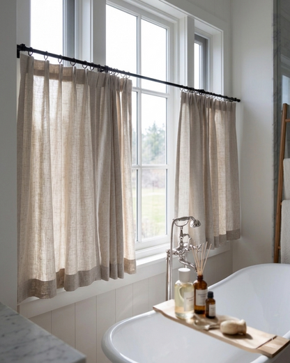 Custom cafe curtains in semi-sheer fabric, customizable size and material for kitchen or dining room decor