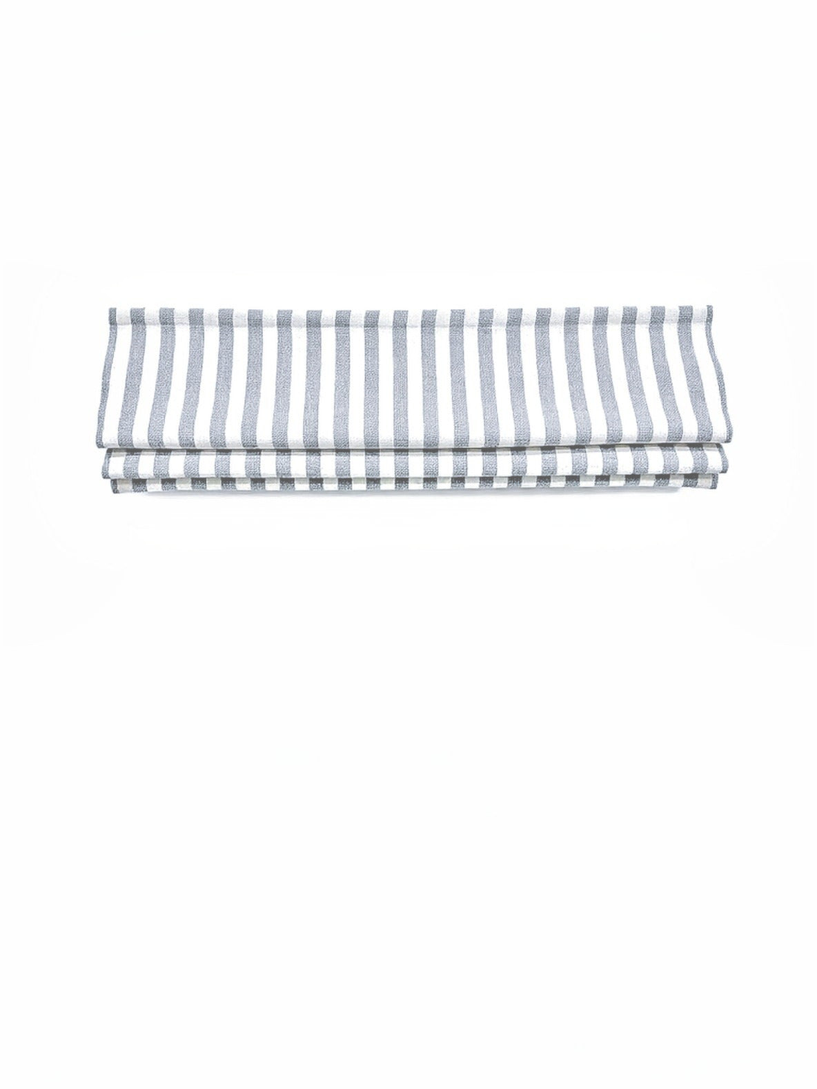custom hobbled roman shades in white linen-blend fabric with blue-gray vertical stripes and soft layered folds