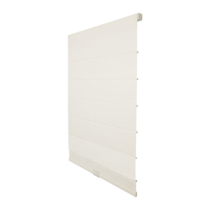Custom cordless roman shade in natural linen fabric for light-filtering and blackout windows
