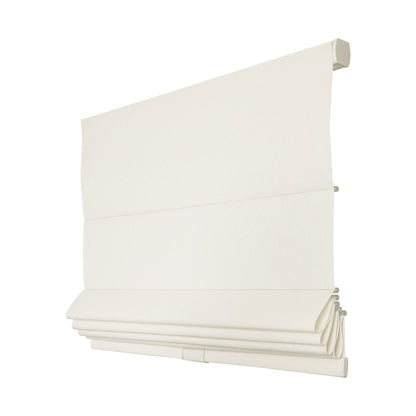 Custom cordless roman shade in natural linen fabric for living room bay window with soft folds and light-filtering to blackout options