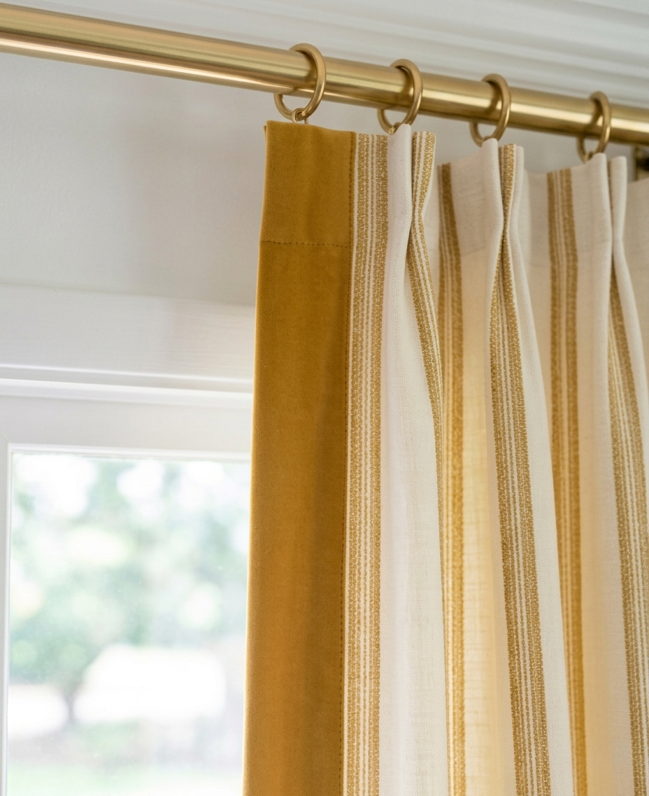 Modern minimalist Bauhaus striped office curtains with ochre velvet trim for a stylish workspace