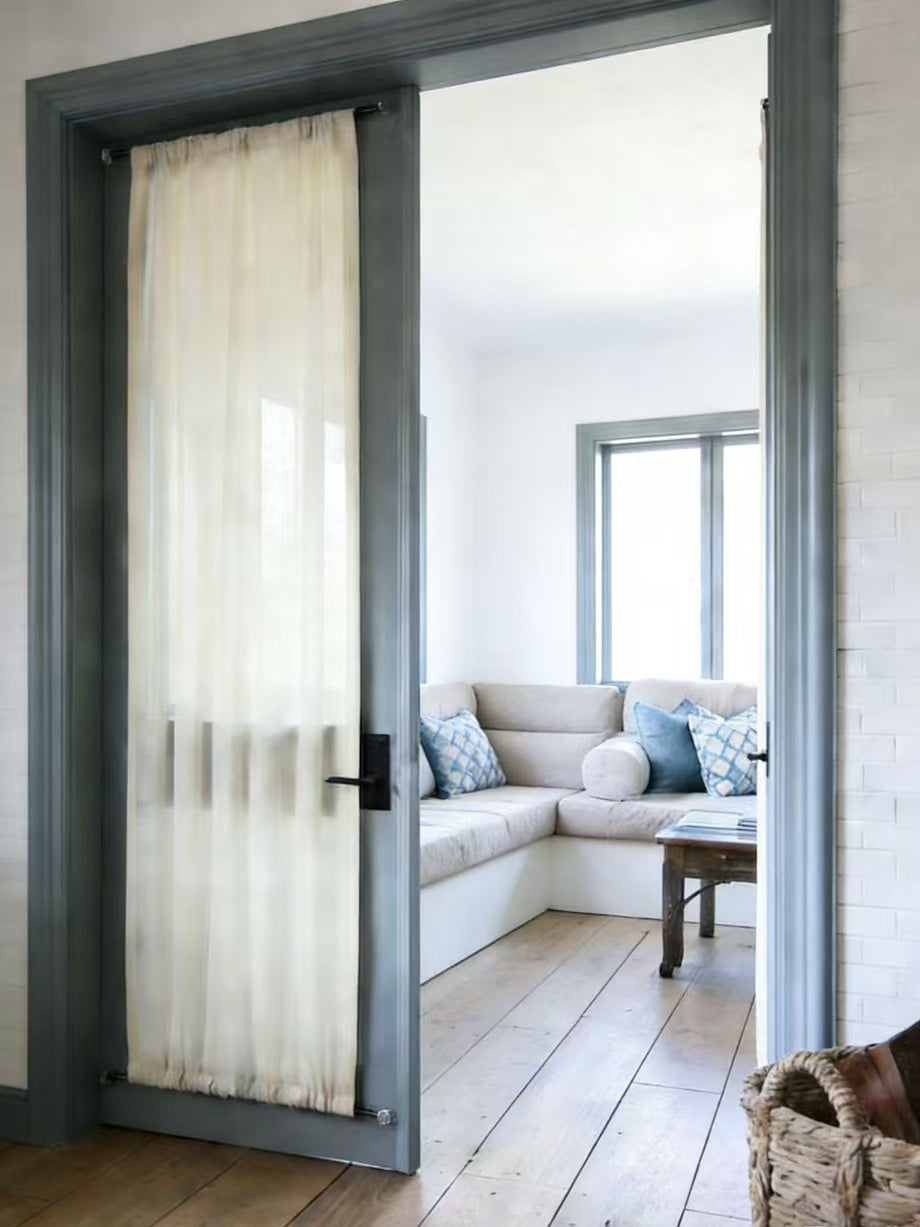 Custom rod pocket French door curtains with sheer fabric for privacy and elegance