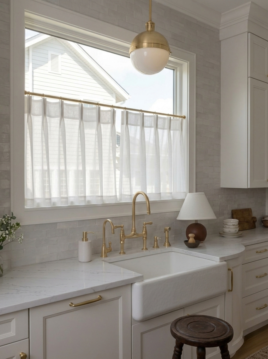 Natural sheer cafe curtains filtering sunlight in cozy indoor space with outdoor view