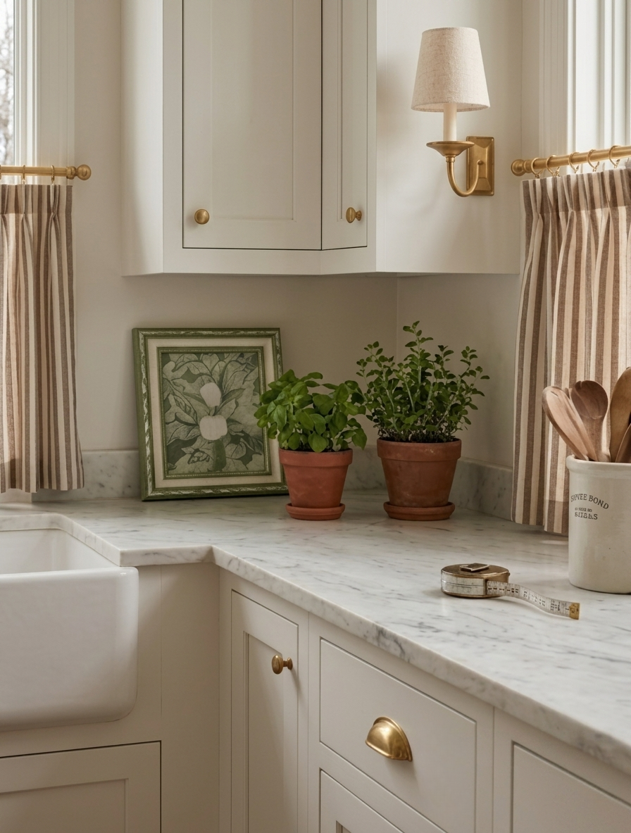 Classic striped linen cafe curtains custom-made for kitchen windows in French country style