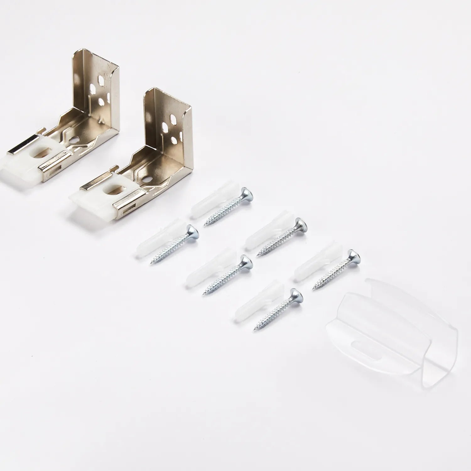 Mounting hardware set for window treatments including metal brackets, screws, and plastic anchors