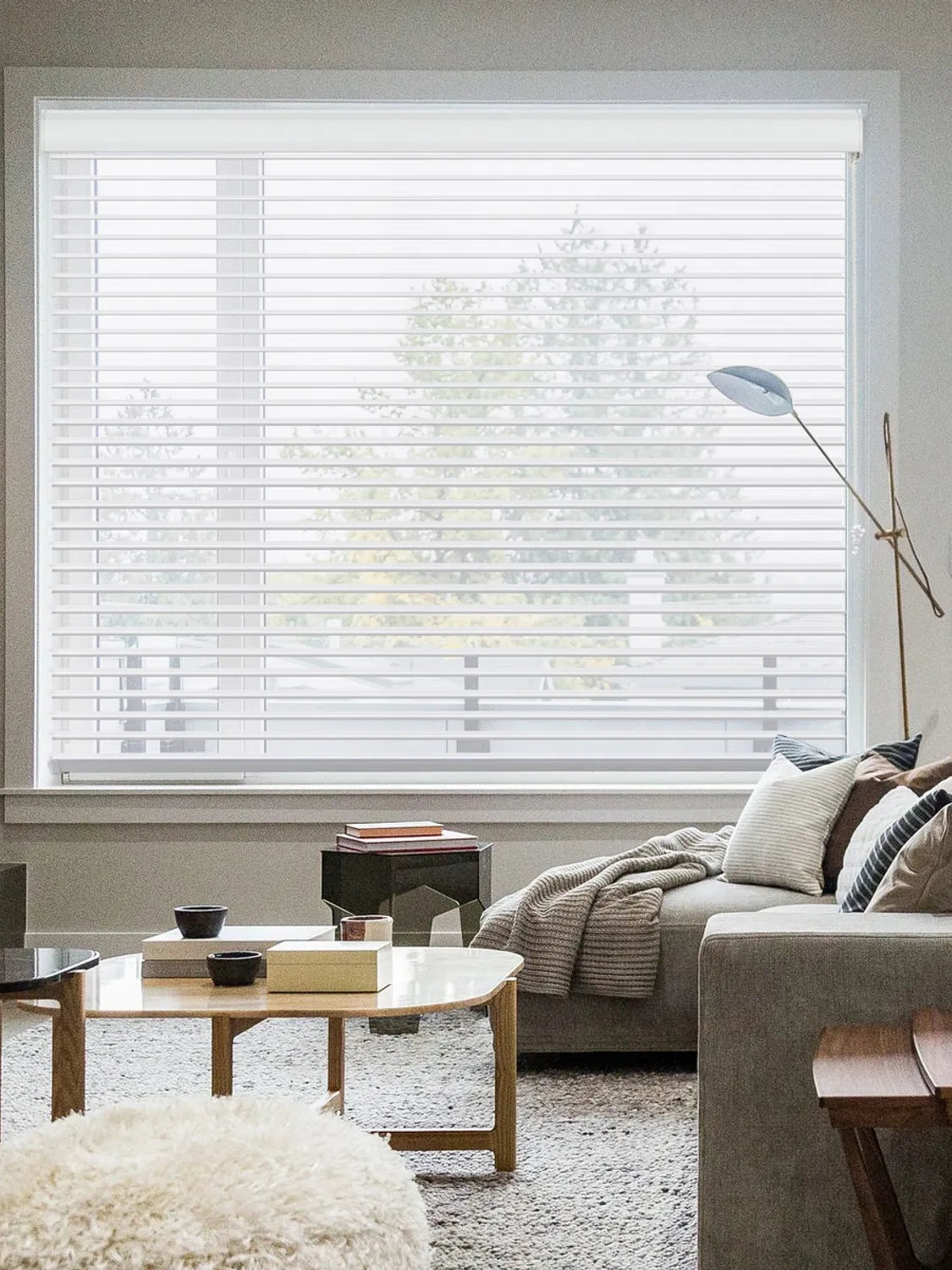Stylish living room with white horizontal blinds filtering natural light, featuring a cozy sofa and modern decor