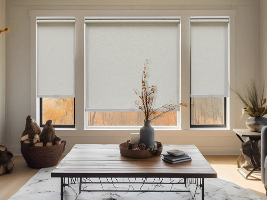 Elegant interior featuring EaseEase Luxurious Natural Woven Linen Light Filtering Roller Blinds in a room with stylish decor and natural lighting