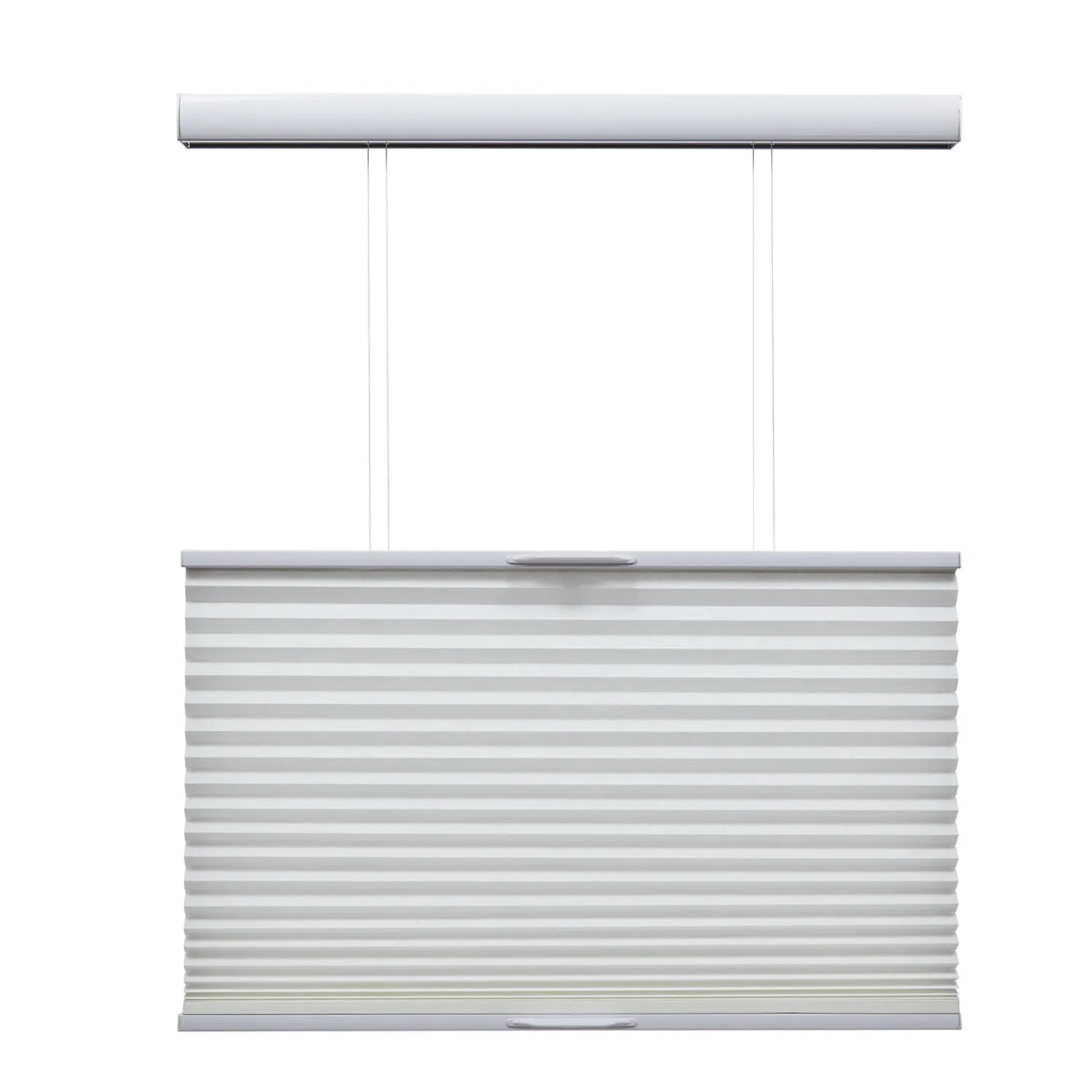 Cordless top-down bottom-up honeycomb shade in light gray, offering adjustable lighting and privacy