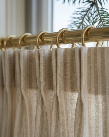 Custom-made classic striped linen café curtains for kitchen windows in French country style
