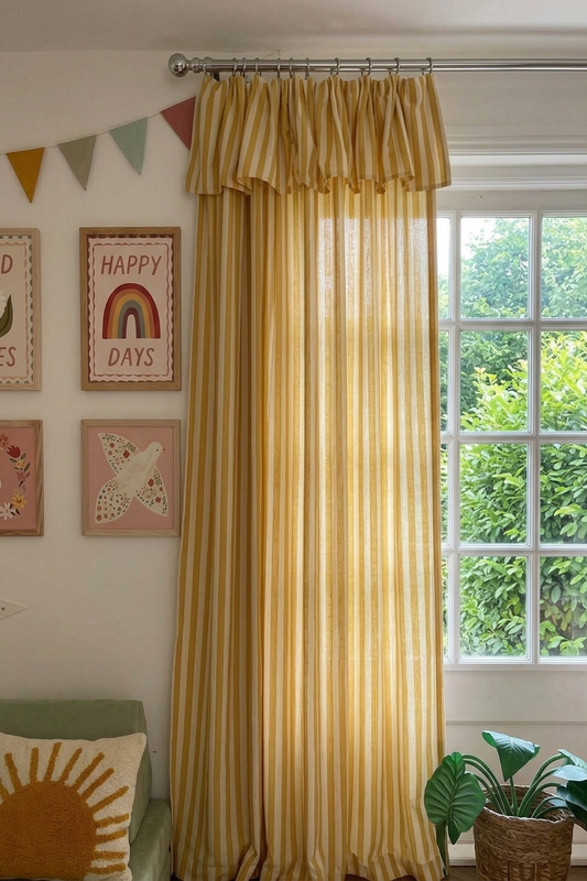 Custom soft yellow striped linen playroom curtains for kids room with light filtering and blackout options