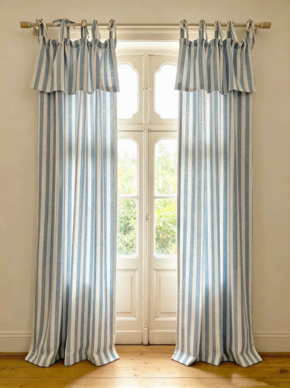 Tie Top Curtains: Custom Coastal Blue Ticking Stripe Linen Drapery for Nursery & Kids Room, 100% Linen