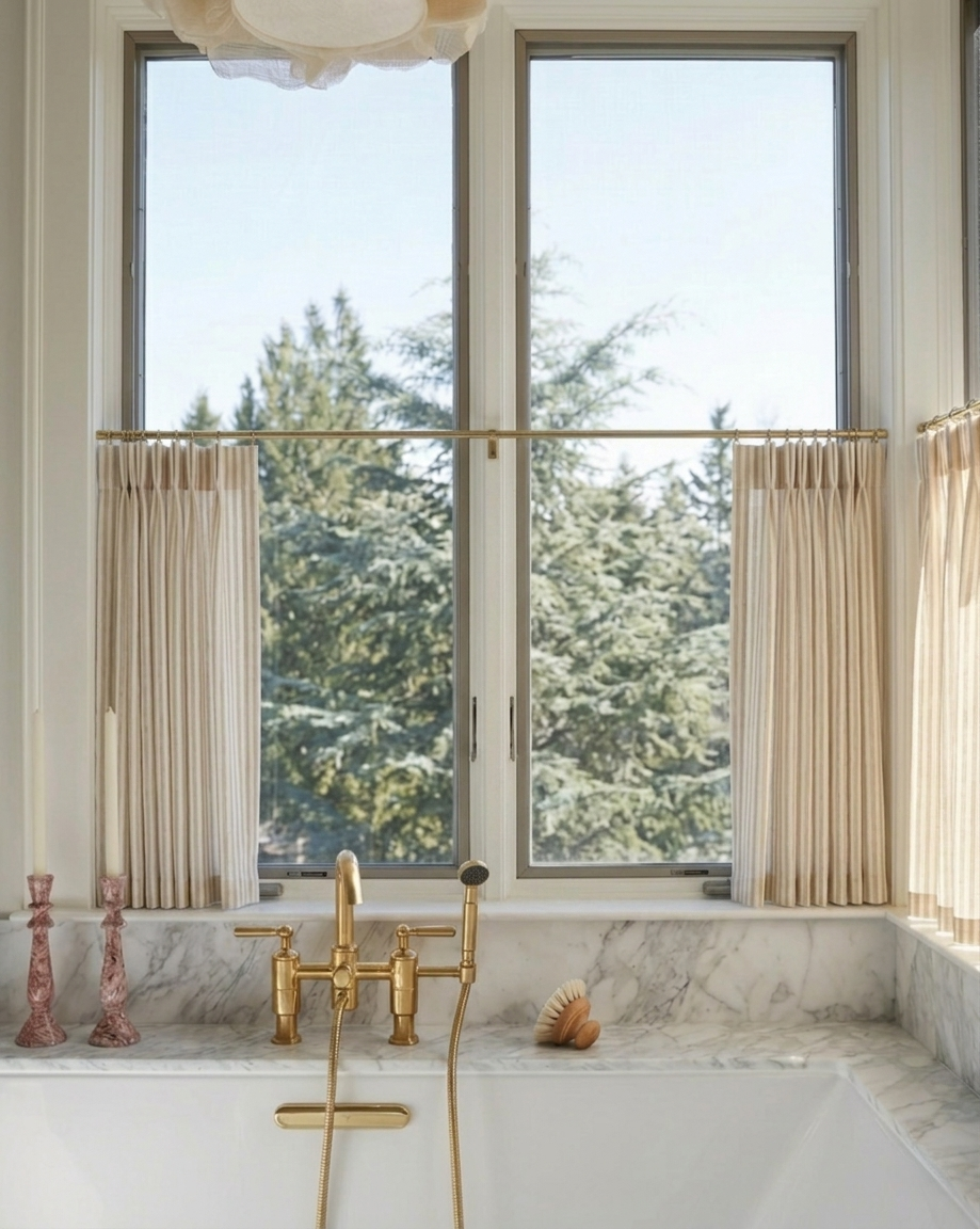 Classic striped linen café curtains custom-made for kitchen windows in French country style