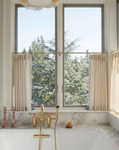 Classic striped linen café curtains custom-made for kitchen windows in French country style