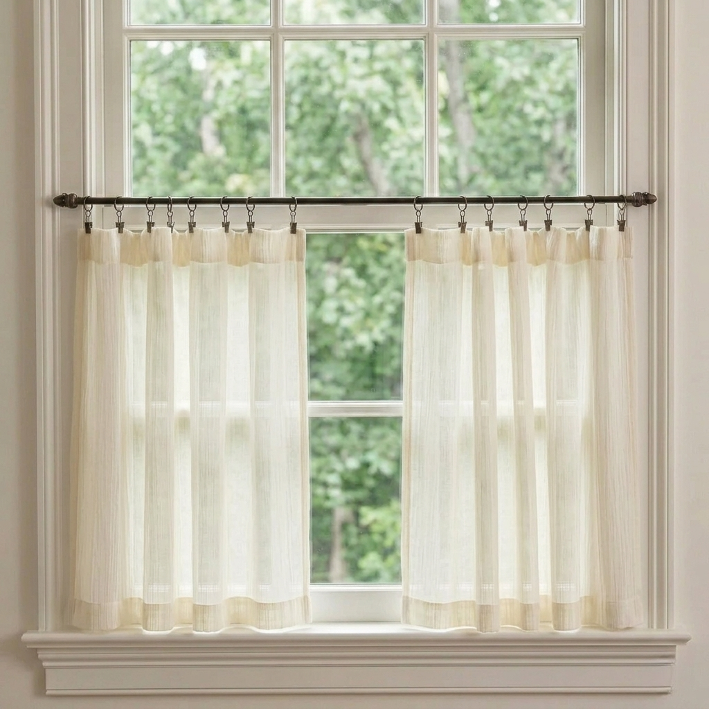 Natural sheer cafe curtains filtering sunlight with privacy, ideal for kitchens and cozy spaces
