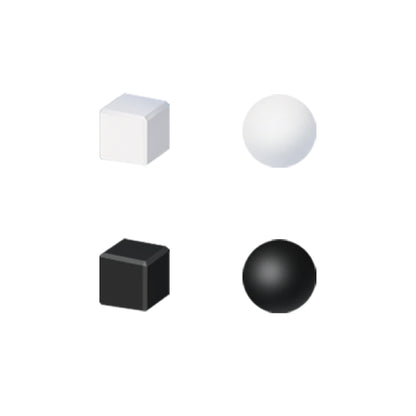 Illustration of four geometric shapes: a white cube, a white sphere, a black cube, and a black sphere, rendered in 3D with subtle shadows