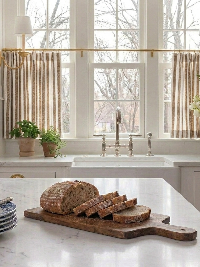 Classic striped linen café curtains in French country style on a kitchen window, custom-made for perfect fit and easy hanging