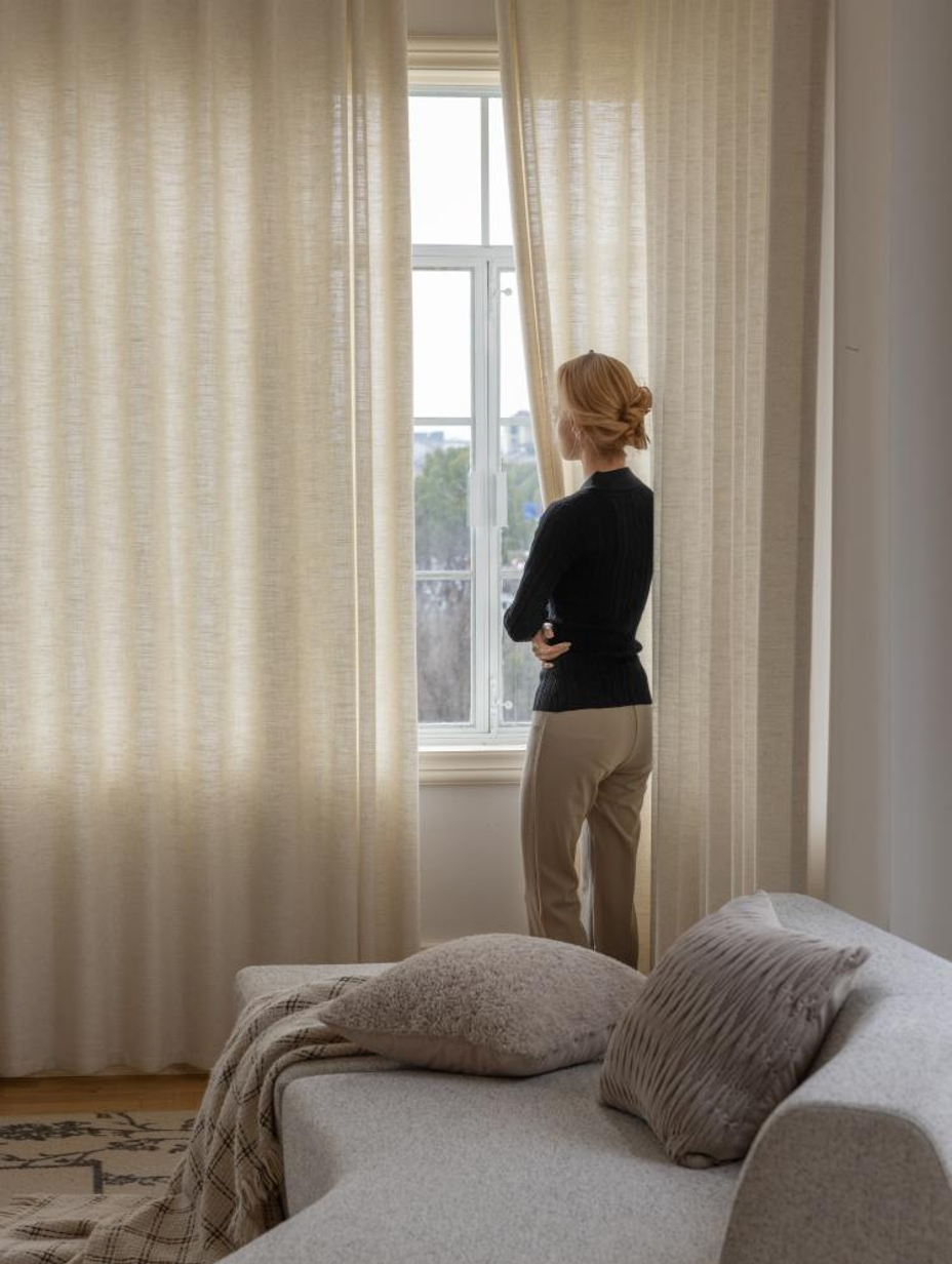 Luxury French linen curtains and drapes hanging in a bright, airy room showcasing natural texture and soft fall