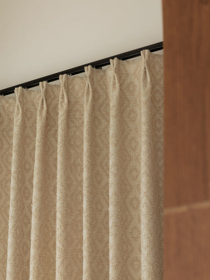 Luxury geometric curtains with layered embroidery and textured fabrics by EaseEase
