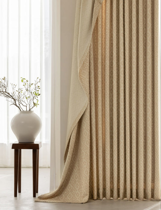 Luxury textured geometric curtains with layered embroidery and multi-fabric design by Paul Cézanne