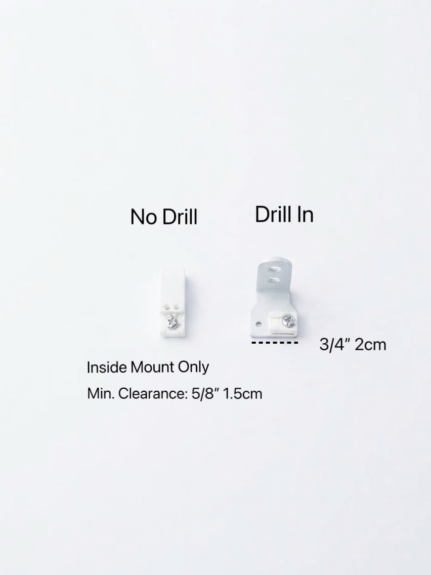 glass door blinds mounting brackets in white, showing no-drill and drill-in options with clearance measurements