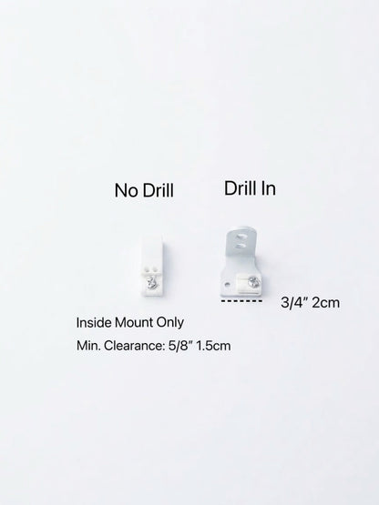 glass door blinds mounting brackets in white, showing no-drill and drill-in options with clearance measurements
