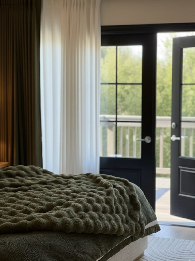 Heavyweight custom blackout curtains with elegant drape and subtle texture in black for bedroom