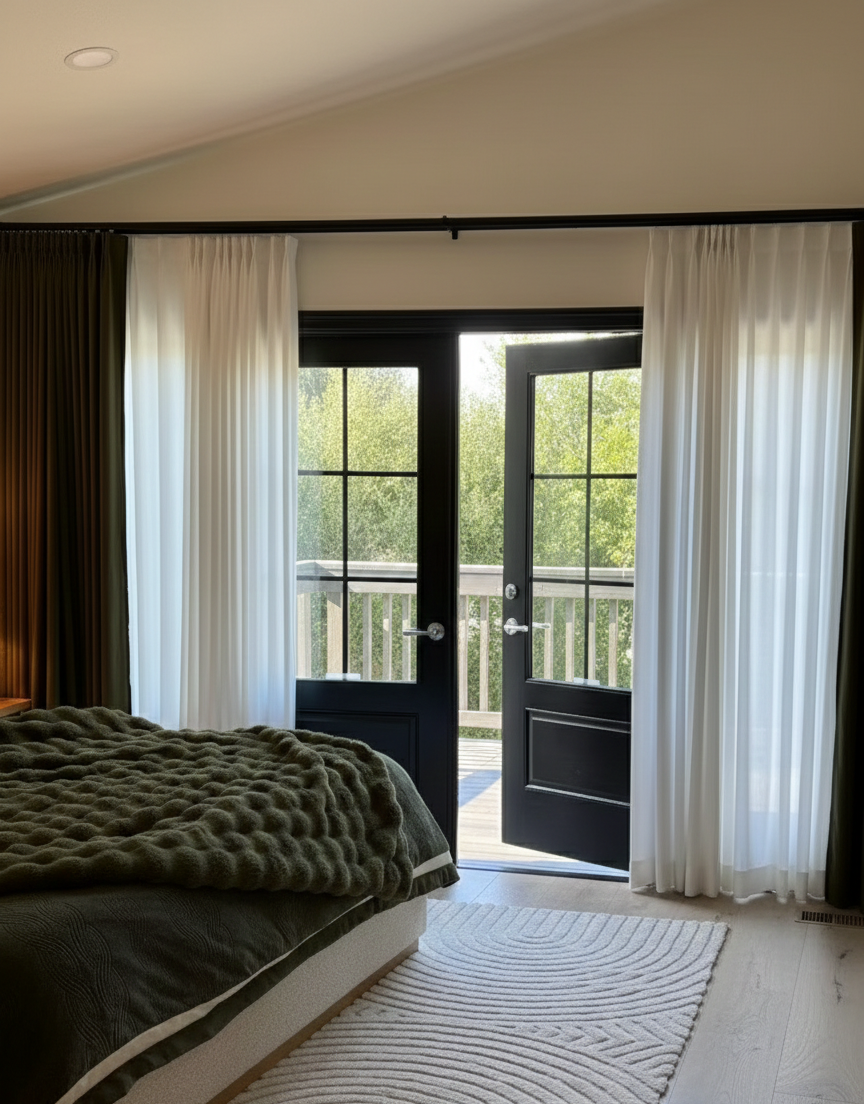 Heavyweight blackout custom curtains with elegant drape for bedroom