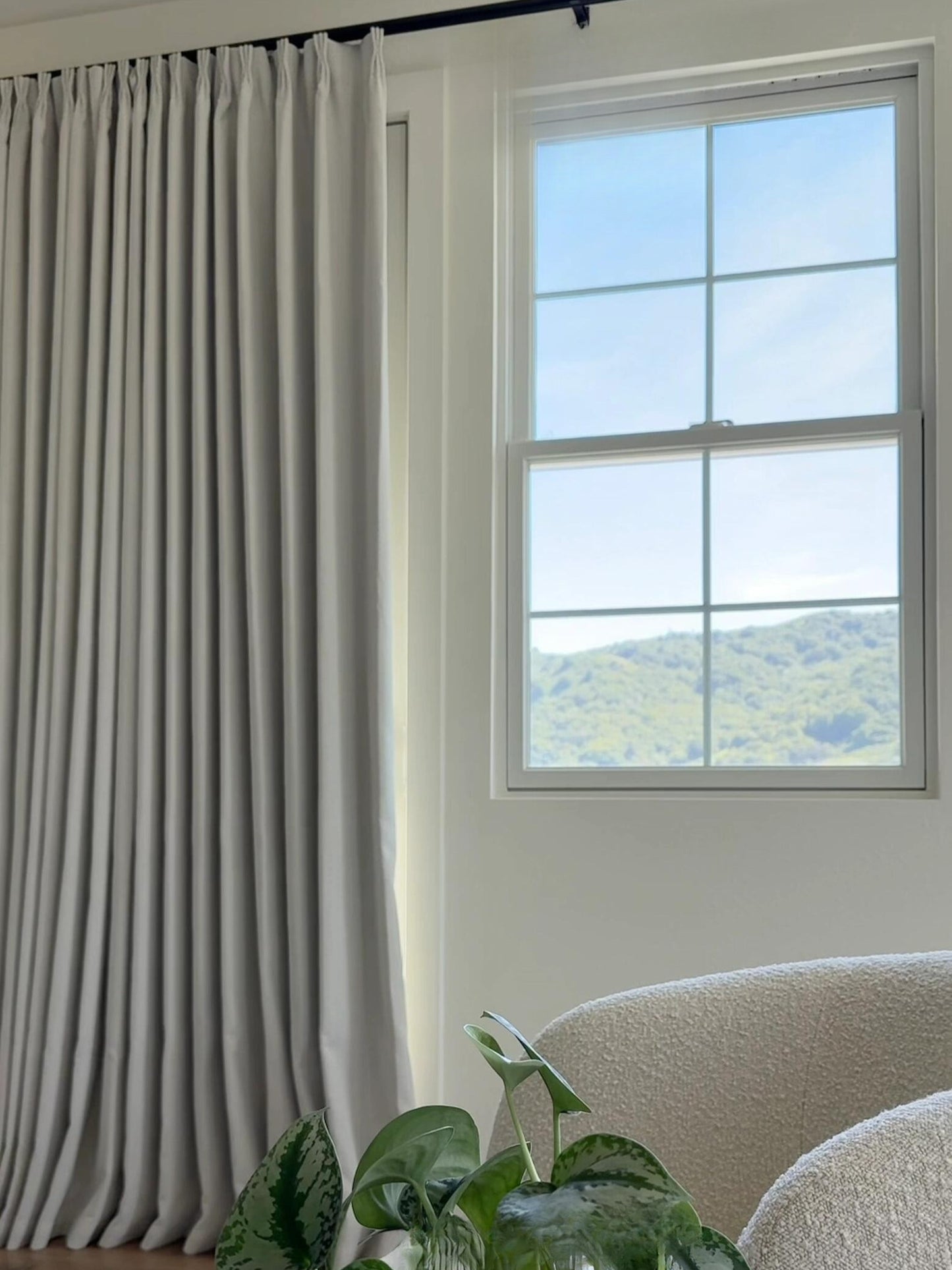 Herringbone blackout curtains for bedroom in cream with linen-cotton texture blocking light and noise