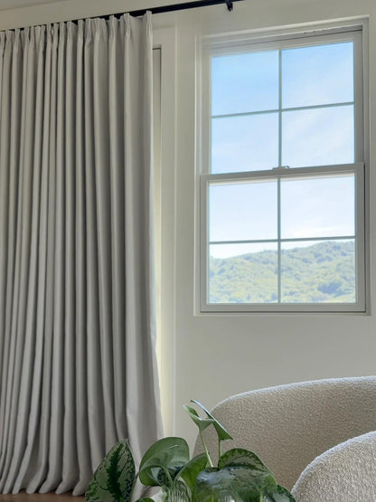 Herringbone blackout curtains for bedroom in cream with linen-cotton texture blocking light and noise
