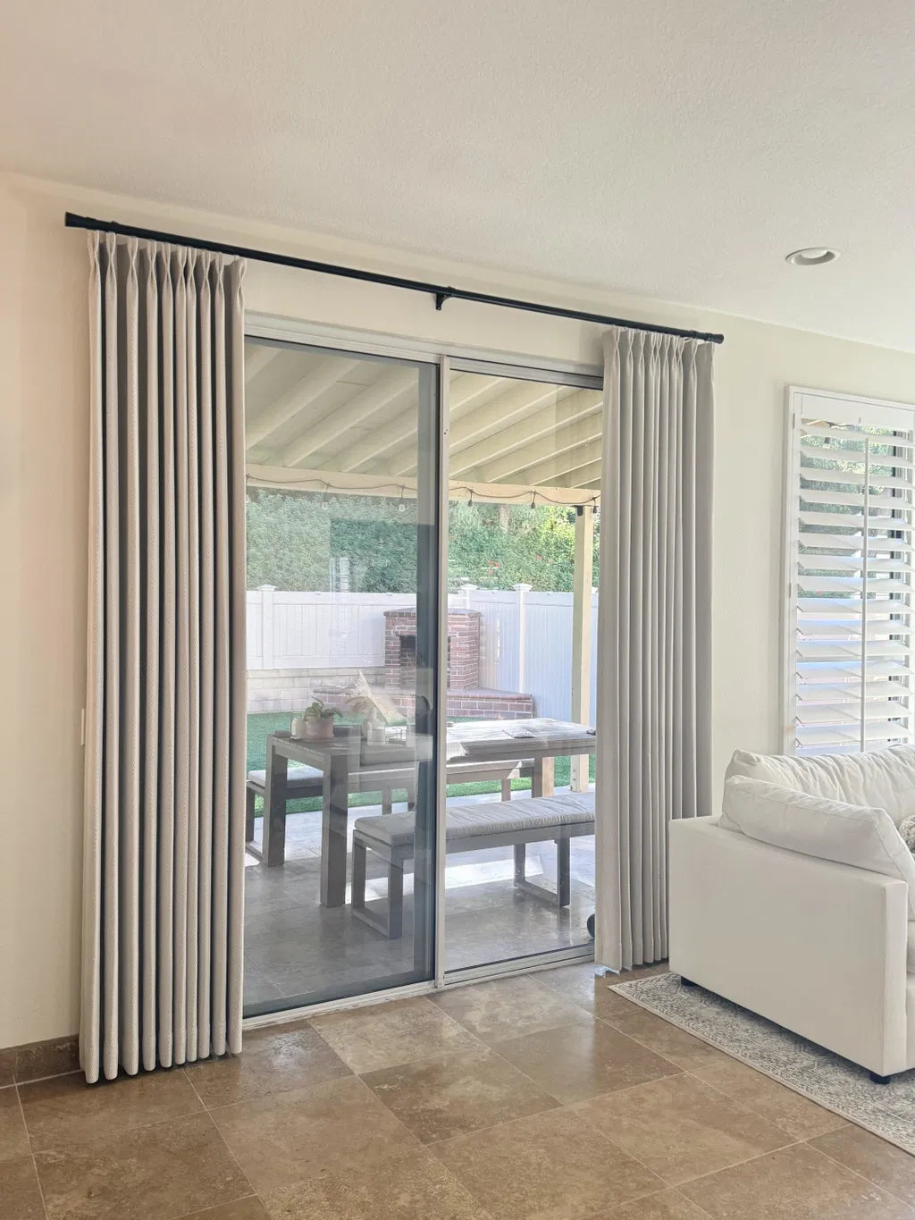 Herringbone blackout curtains for bedroom in cream with textured linen-cotton fabric blocking light and noise