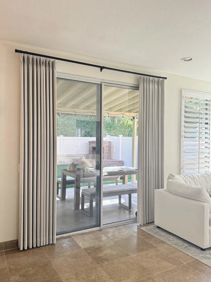 Herringbone blackout curtains for bedroom in cream with textured linen-cotton fabric blocking light and noise