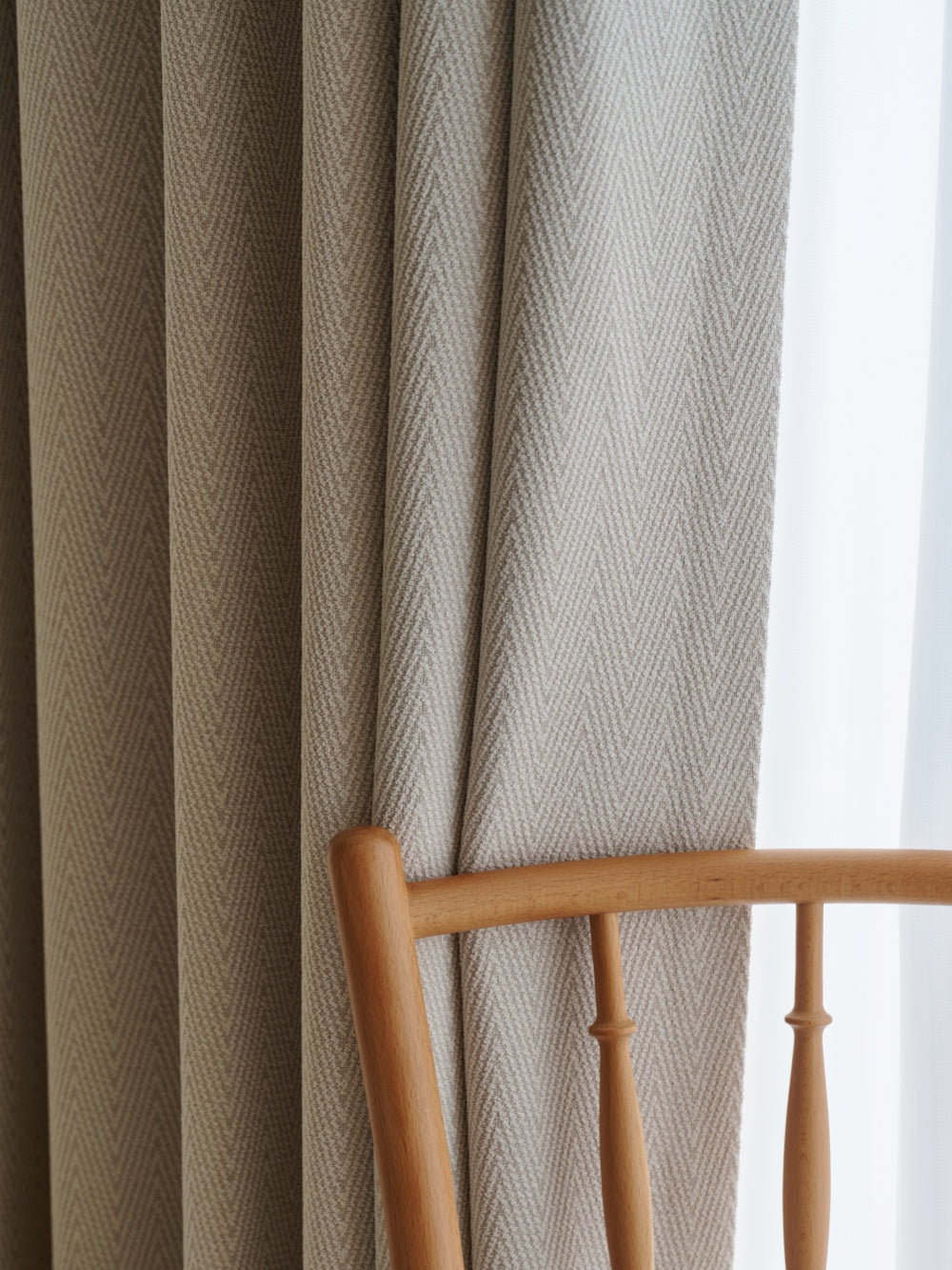 Herringbone blackout curtains for bedroom in cream with textured linen-cotton fabric blocking light and noise