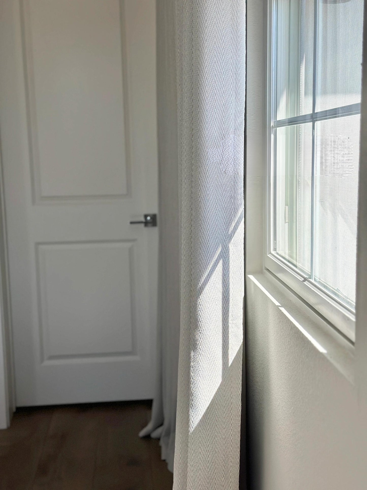 Herringbone blackout curtains for bedroom in cream with linen-cotton texture and total light blockage