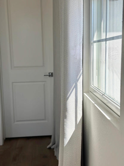 Herringbone blackout curtains for bedroom in cream with linen-cotton texture and total light blockage