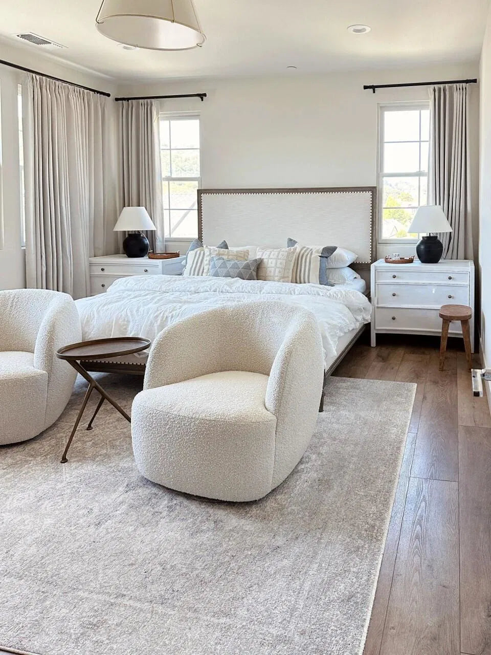 Herringbone blackout curtains for bedroom in cream and haze blue with textured linen-cotton fabric blocking light and noise