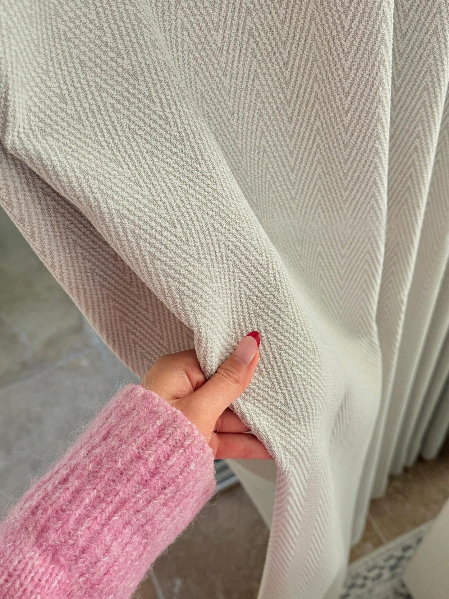Herringbone patterned blackout curtains for bedroom in cream color with natural linen-cotton texture