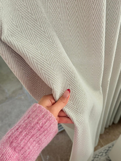 Herringbone patterned blackout curtains for bedroom in cream color with natural linen-cotton texture