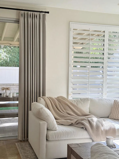 Herringbone blackout curtains for bedroom in cream and haze blue with textured linen-cotton fabric blocking light and noise