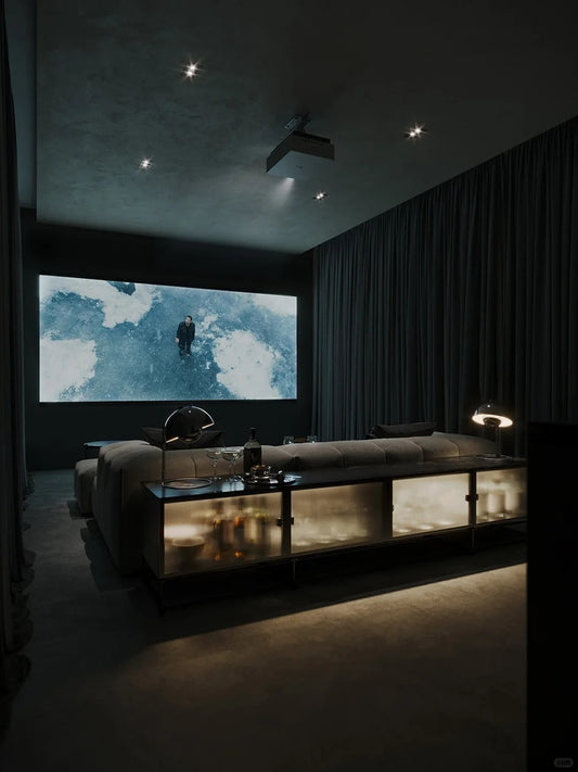 Luxurious high-matte velvet home theater curtains in deep black for superior light absorption and sound insulation