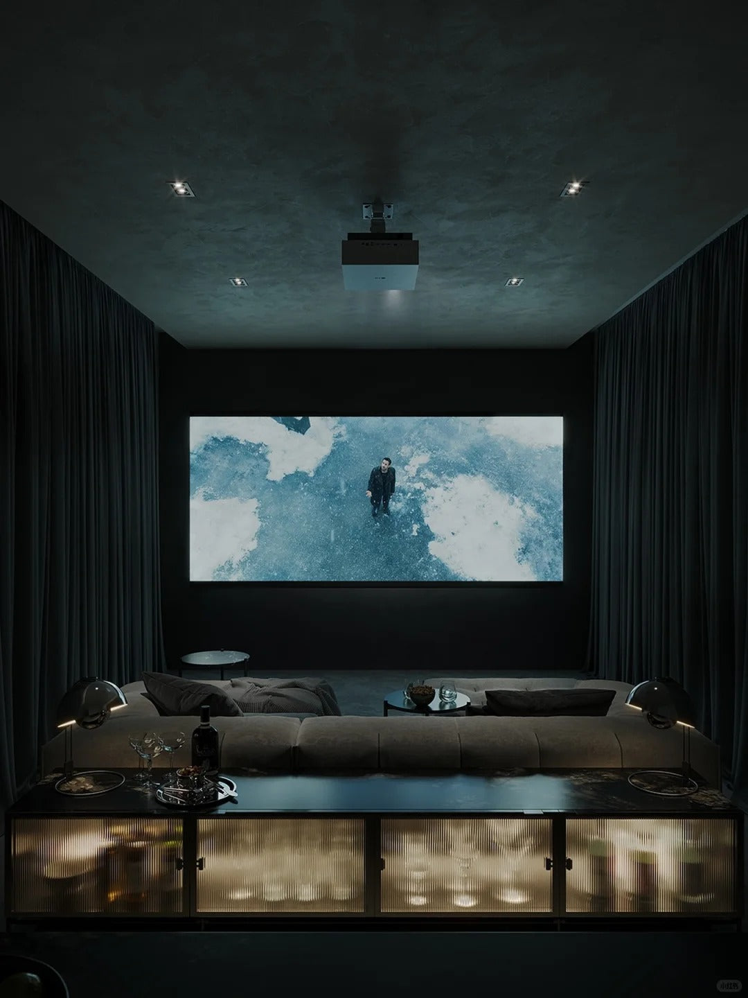 Luxurious high-matte velvet home theater curtains in dark blue providing superior sound insulation and light absorption