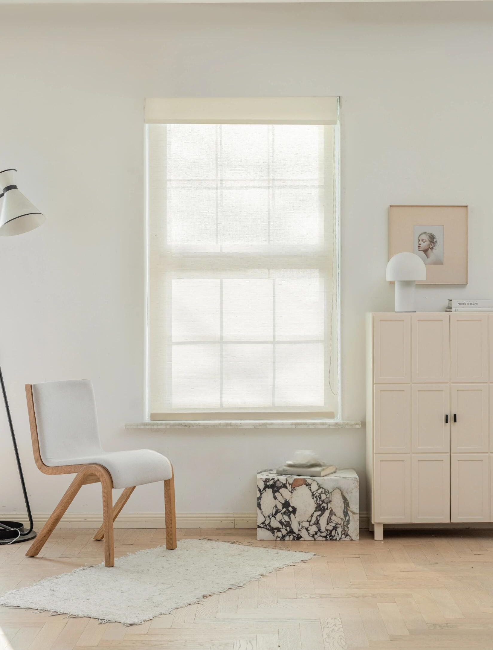 Natural ramie bamboo window shades in coconut white with delicate woven texture for light interiors