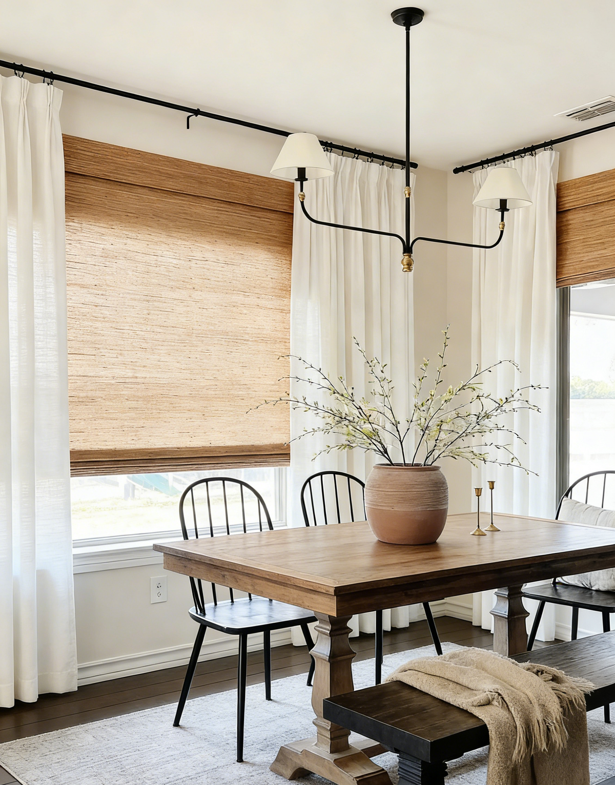 Brown beige natural jute blinds with woven texture and light filtering design