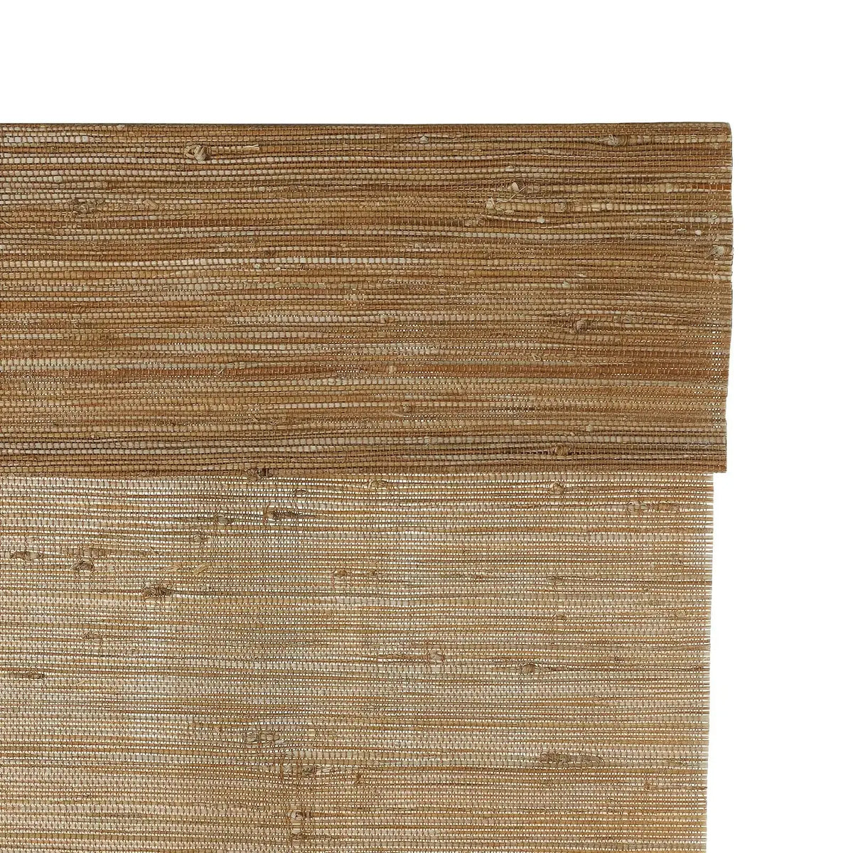 Brown woven jute blinds with natural textured bark pattern for light filtering window treatment