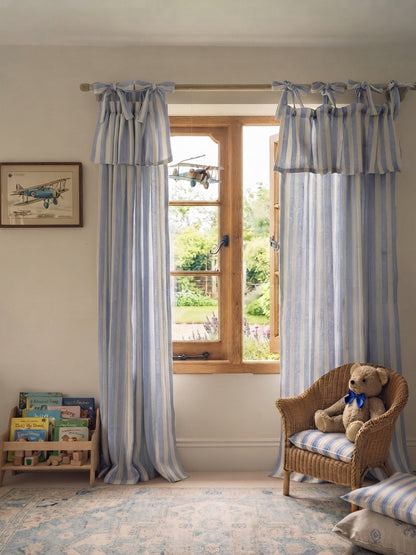 Tie Top Curtains: Custom Coastal Blue Ticking Stripe Linen Drapery for Nursery & Kids Room, 100% Linen