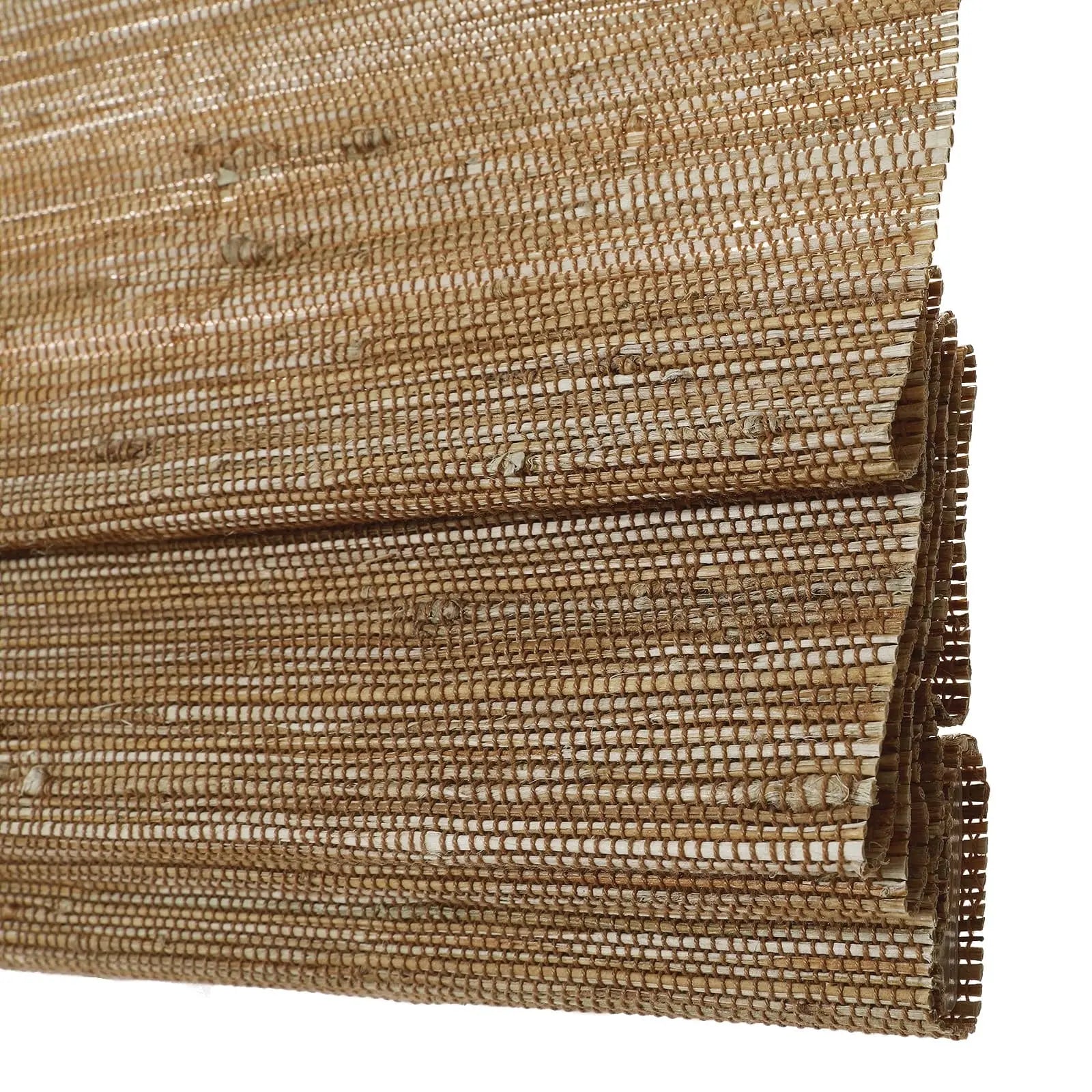 Brown beige natural woven jute blinds with bark texture filtering warm light