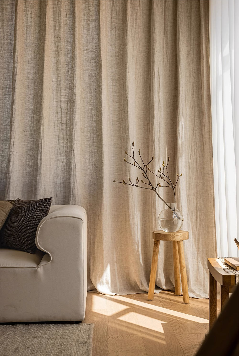 Natural flax linen curtain panels in beige, 100% French-imported linen fabric with organic texture and airy drape