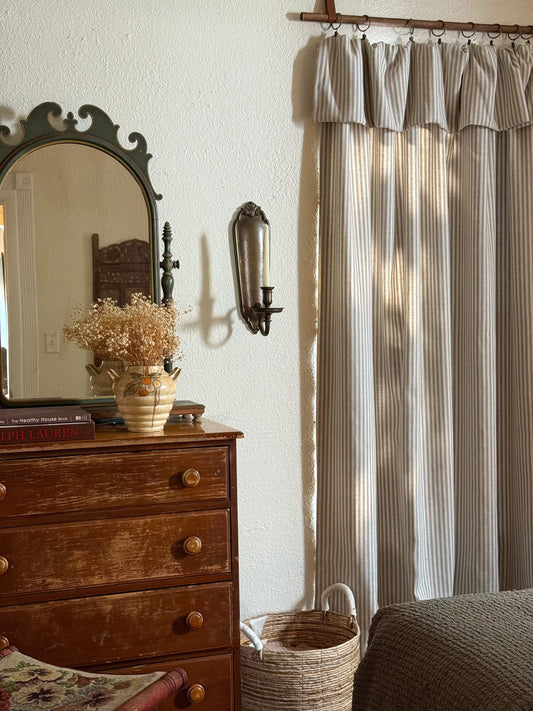 Classic linen striped curtains with French-style ruffled top, ideal for modern homes and small windows.